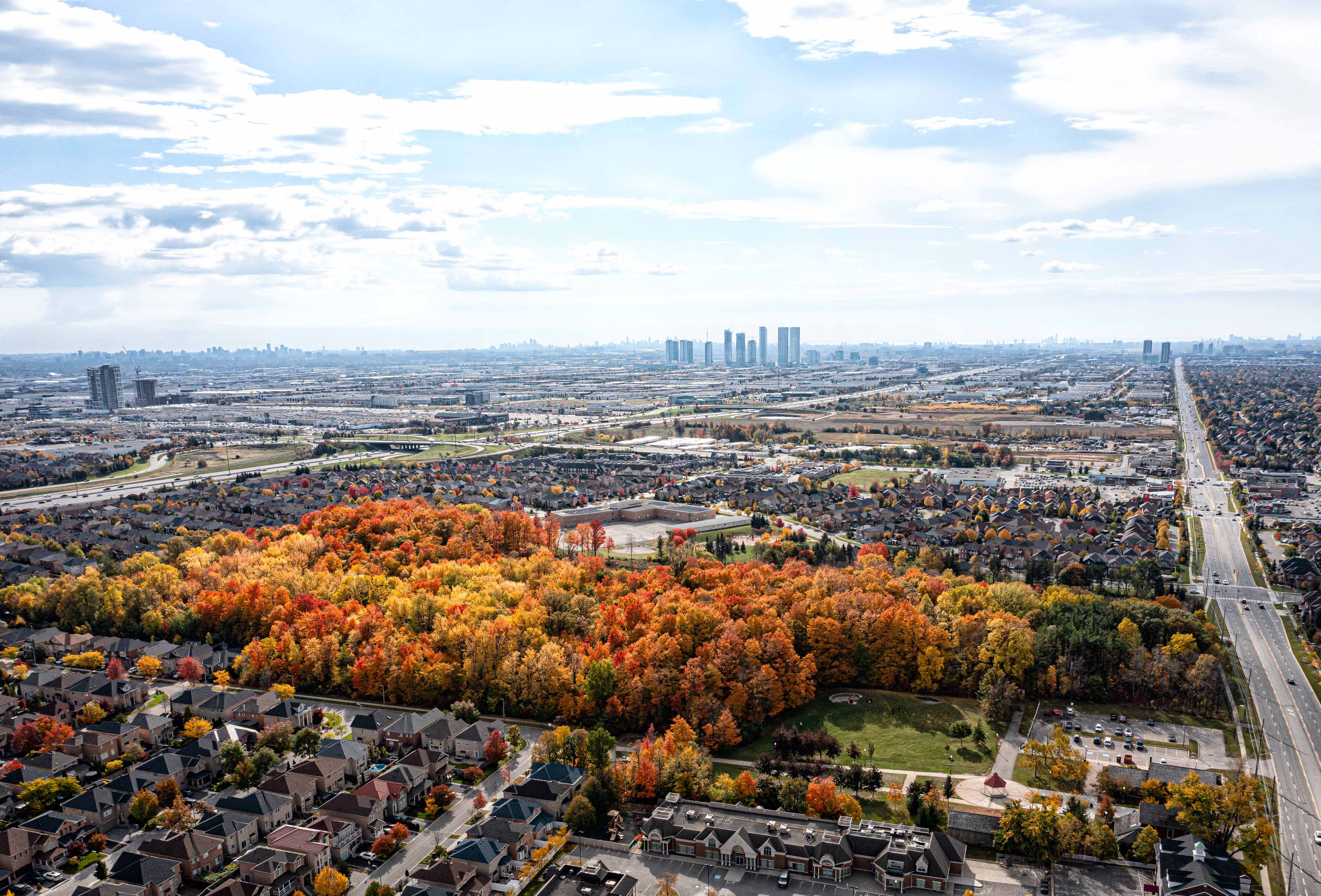 South-facing aerial view showing Vellore Trails near Vaughan's major roads, transit and natural spaces