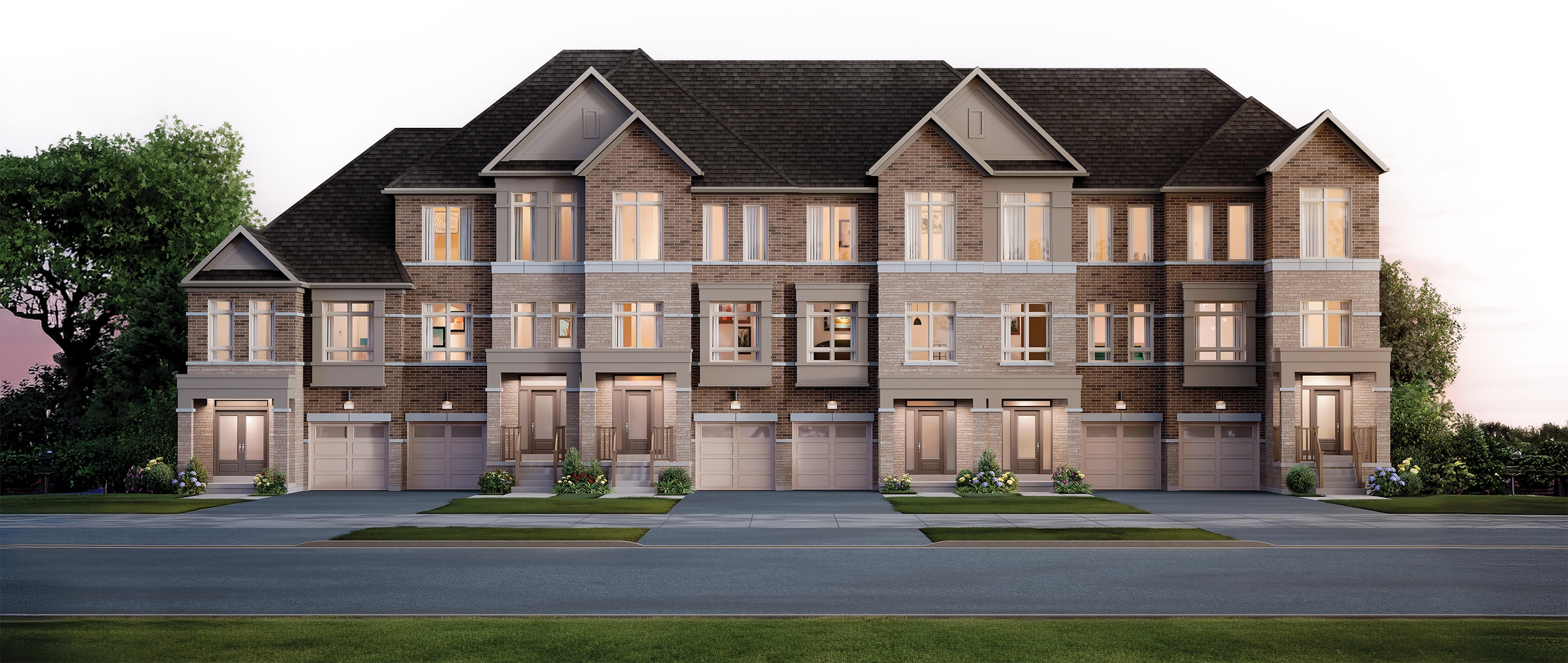 A streetscape of Vellore Trails designer townhomes